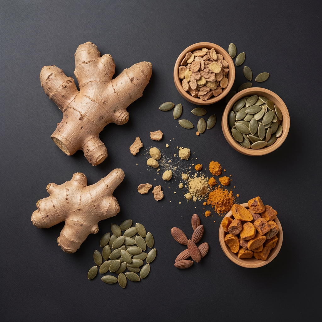 Flat-lay of dried botanical ingredients including ashwagandha root, zinc-rich pumpkin seeds and whole-food extracts arranged on a clean dark surface under studio lighting