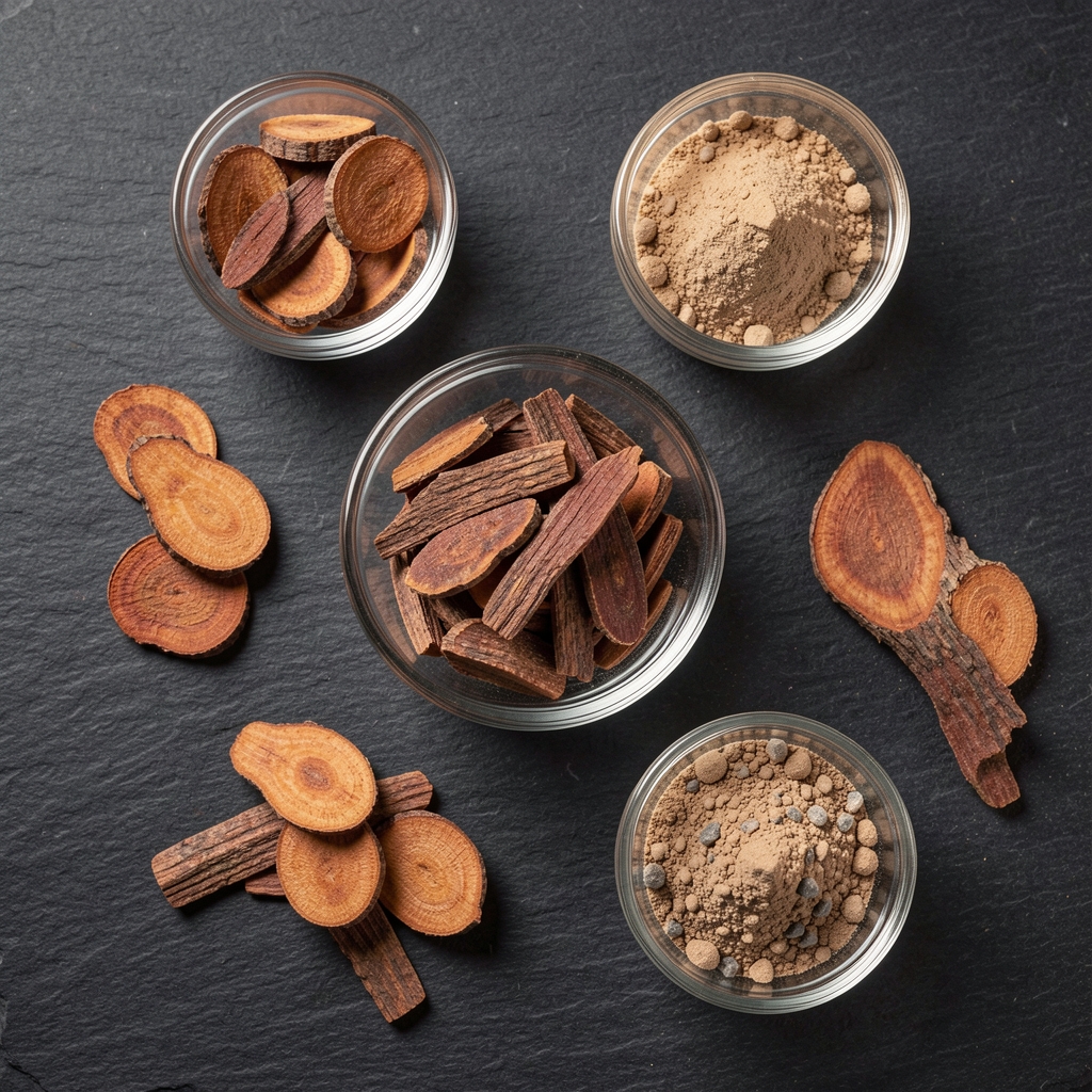 Overhead view of raw botanical ingredients including dried rhodiola root slices and powdered mineral complex in small glass dishes on dark slate surface