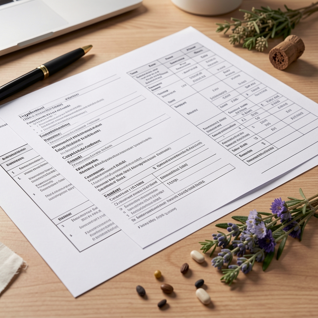 Close-up of supplement ingredient dossier documents spread across a workspace desk with a pen and botanical samples under controlled studio lighting