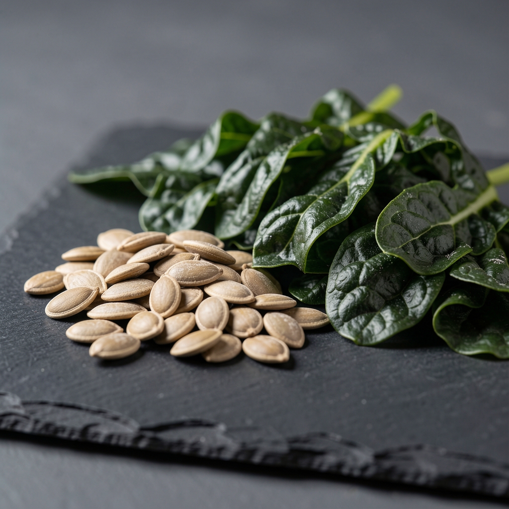 Macro photograph of zinc-rich pumpkin seeds and mineral-dense dark leafy greens arranged on dark slate as an ingredient reference for the Kaldevo mineral complex catalogue entry