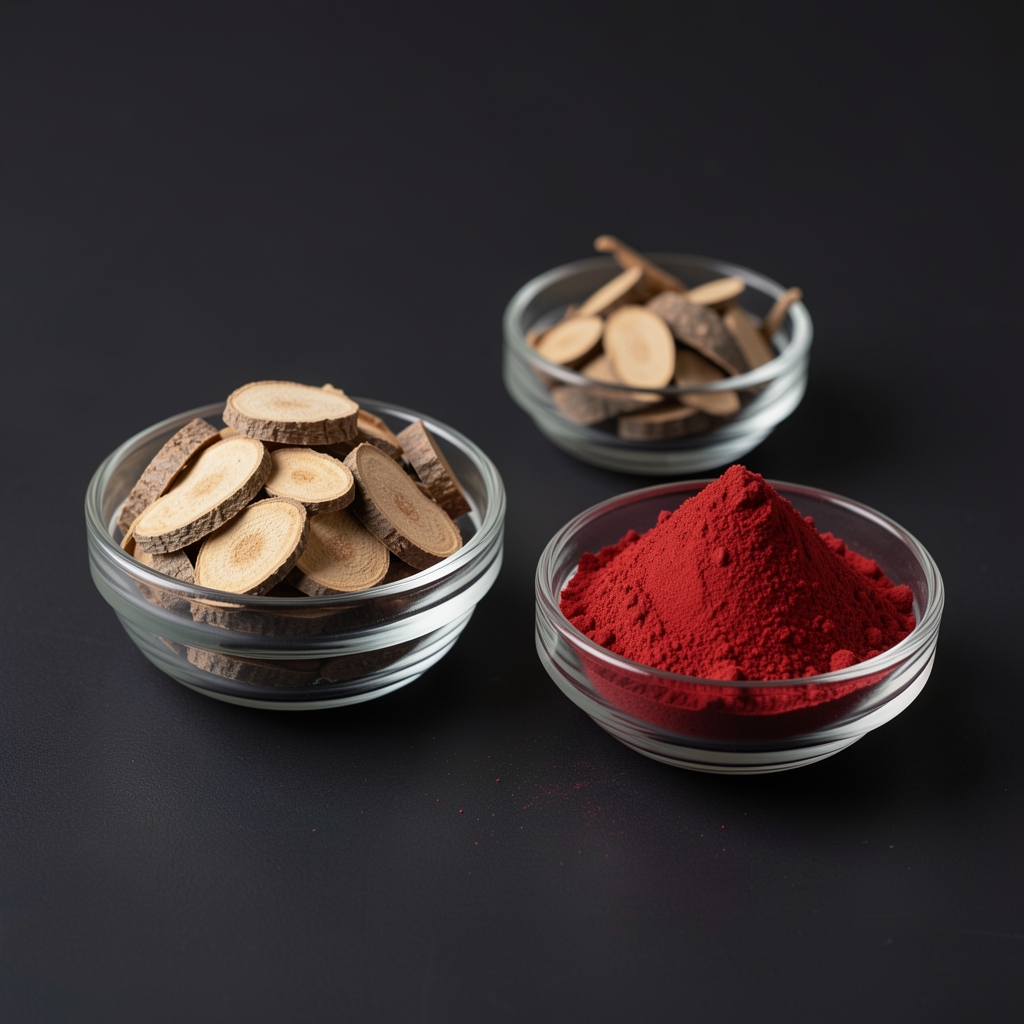 Dried ashwagandha root slices and whole rhodiola rosea extract powder arranged in glass dishes on a dark background as ingredient reference for the adaptogen blend category
