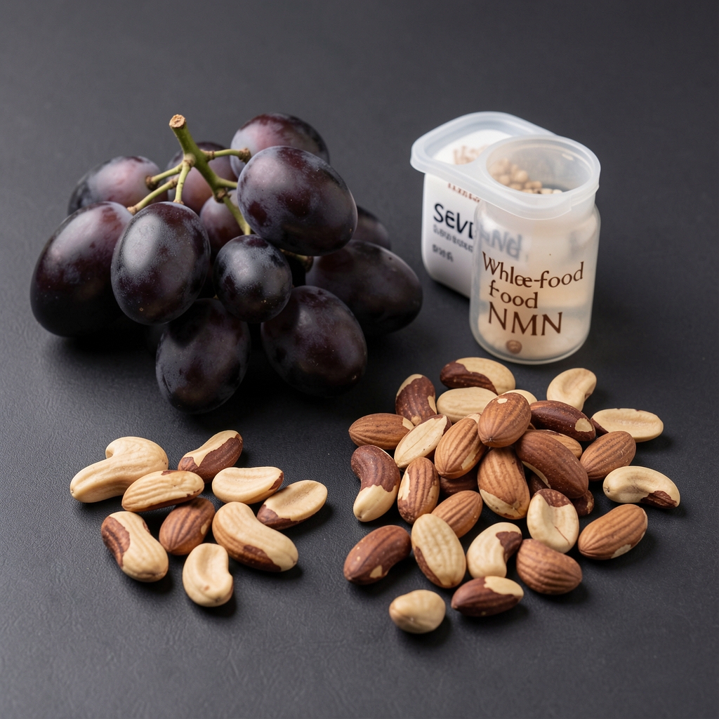 Resveratrol-rich dark grape skins and selenium-dense Brazil nuts alongside dried whole-food NMN co-factor sources arranged on dark matte surface as healthy ageing ingredient reference